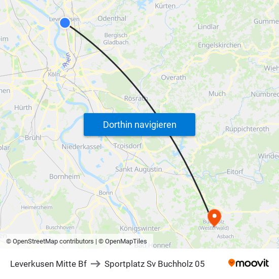 Leverkusen Mitte Bf to Sportplatz Sv Buchholz 05 map