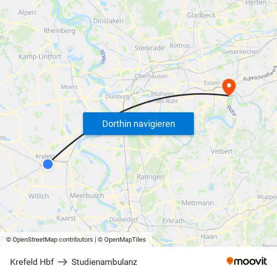 Krefeld Hbf to Studienambulanz map