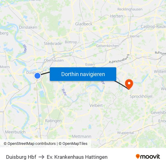 Duisburg Hbf to Ev. Krankenhaus Hattingen map