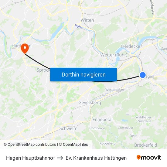 Hagen Hauptbahnhof to Ev. Krankenhaus Hattingen map