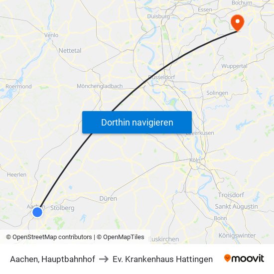 Aachen, Hauptbahnhof to Ev. Krankenhaus Hattingen map