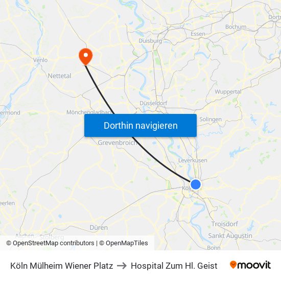 Köln Mülheim Wiener Platz to Hospital Zum Hl. Geist map