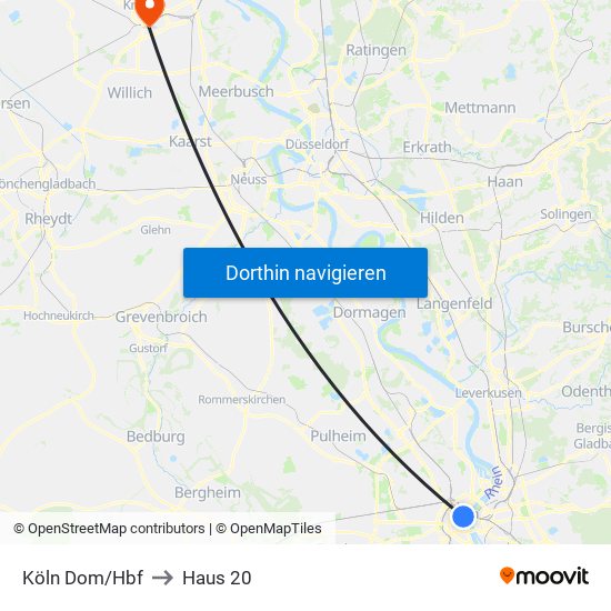 Köln Dom/Hbf to Haus 20 map