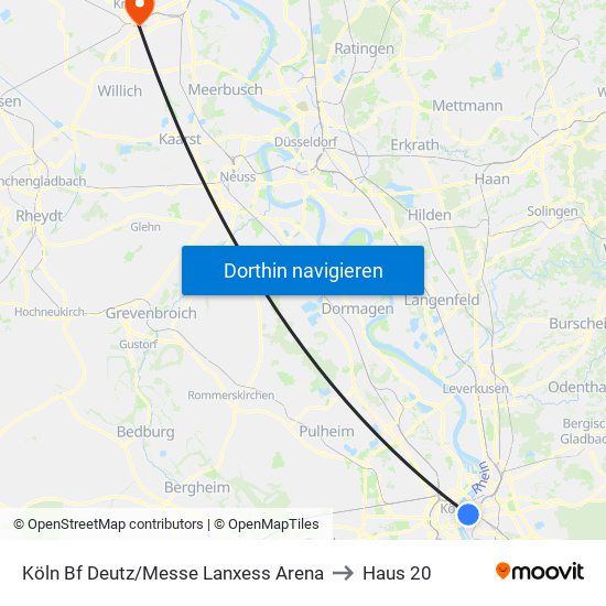 Köln Bf Deutz/Messe Lanxess Arena to Haus 20 map