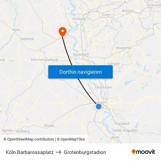 Köln Barbarossaplatz to Grotenburgstadion map