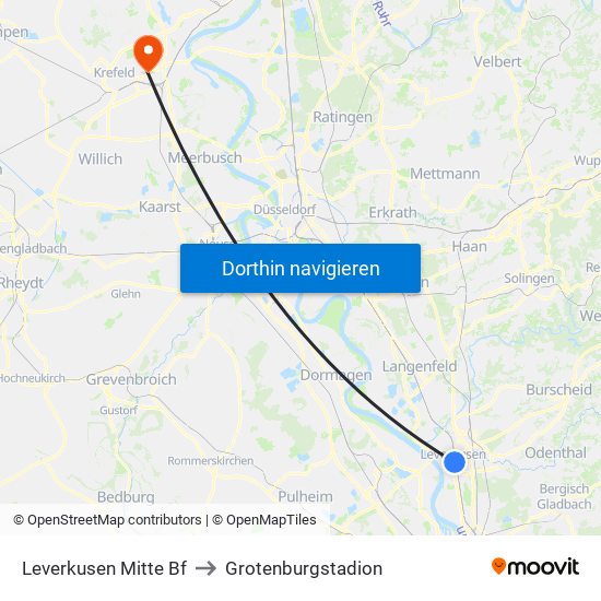 Leverkusen Mitte Bf to Grotenburgstadion map