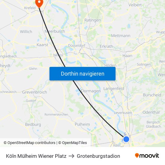 Köln Mülheim Wiener Platz to Grotenburgstadion map