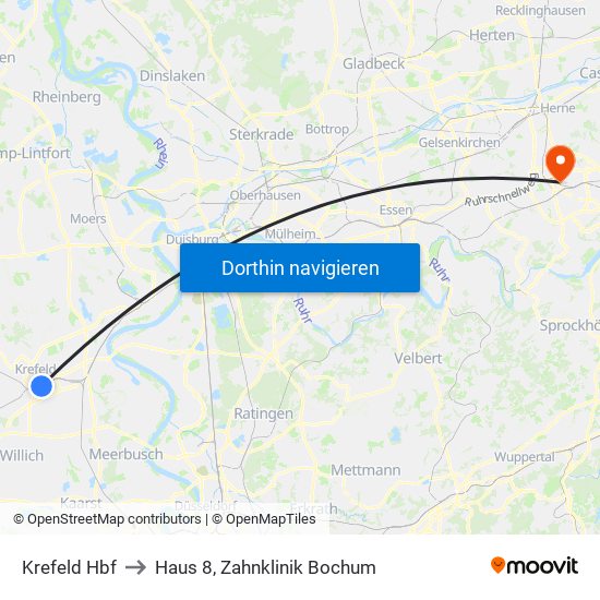 Krefeld Hbf to Haus 8, Zahnklinik Bochum map