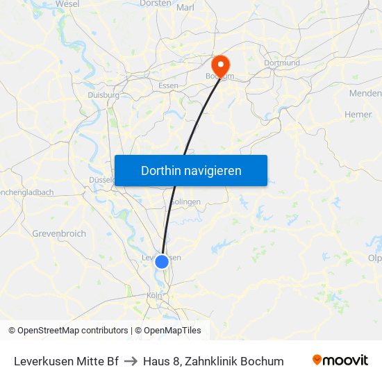 Leverkusen Mitte Bf to Haus 8, Zahnklinik Bochum map