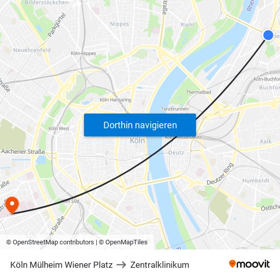 Köln Mülheim Wiener Platz to Zentralklinikum map