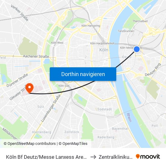Köln Bf Deutz/Messe Lanxess Arena to Zentralklinikum map