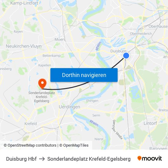 Duisburg Hbf to Sonderlandeplatz Krefeld-Egelsberg map