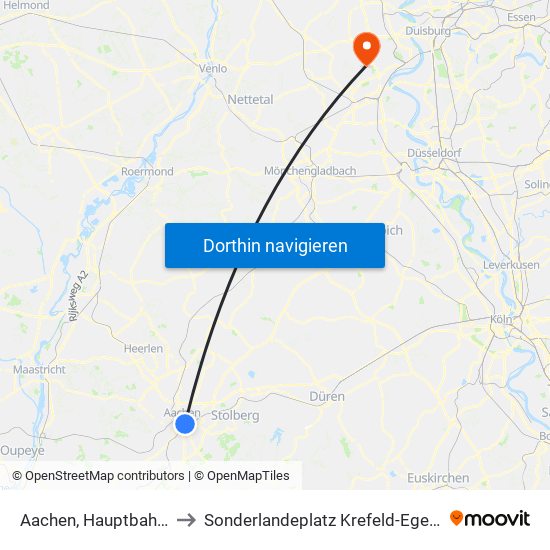 Aachen, Hauptbahnhof to Sonderlandeplatz Krefeld-Egelsberg map