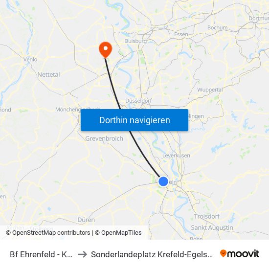 Bf Ehrenfeld - Köln to Sonderlandeplatz Krefeld-Egelsberg map