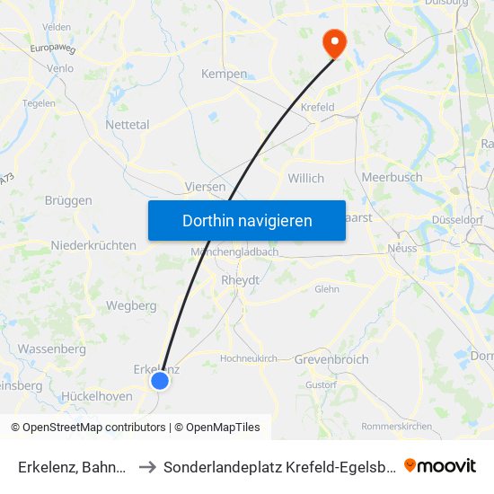 Erkelenz, Bahnhof to Sonderlandeplatz Krefeld-Egelsberg map