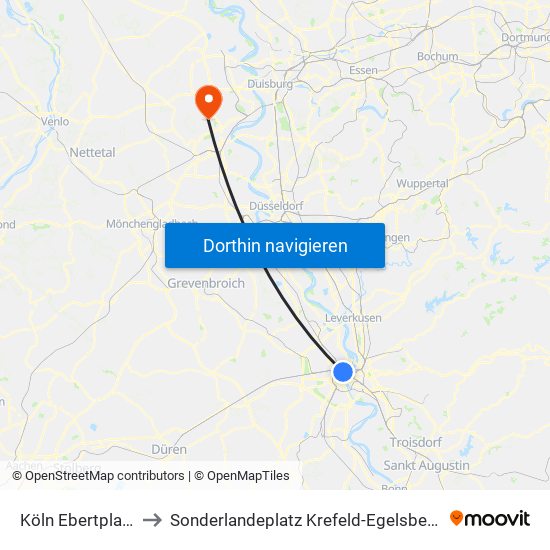 Köln Ebertplatz to Sonderlandeplatz Krefeld-Egelsberg map