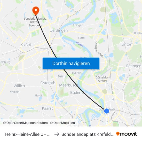 Heinr.-Heine-Allee U - Düsseldorf to Sonderlandeplatz Krefeld-Egelsberg map