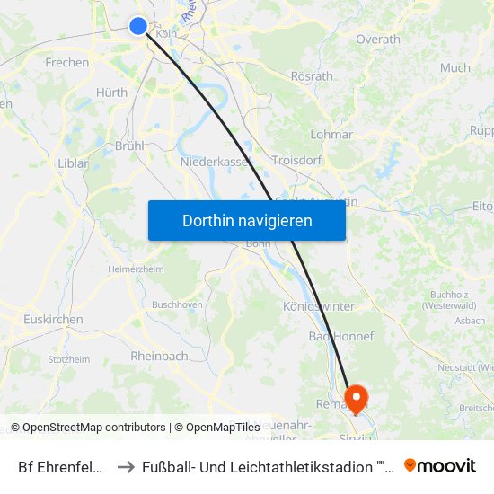 Bf Ehrenfeld - Köln to Fußball- Und Leichtathletikstadion ""Goldene Meile"" map