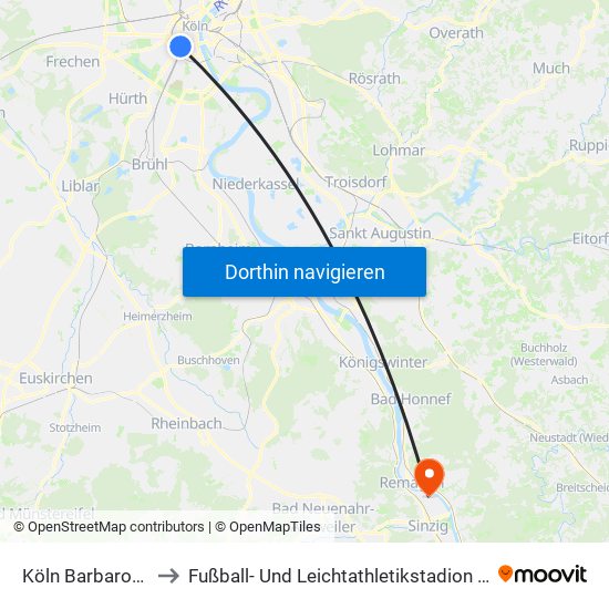 Köln Barbarossaplatz to Fußball- Und Leichtathletikstadion ""Goldene Meile"" map