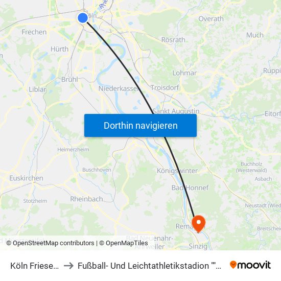 Köln Friesenplatz to Fußball- Und Leichtathletikstadion ""Goldene Meile"" map