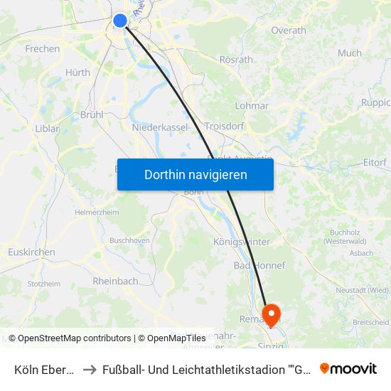 Köln Ebertplatz to Fußball- Und Leichtathletikstadion ""Goldene Meile"" map