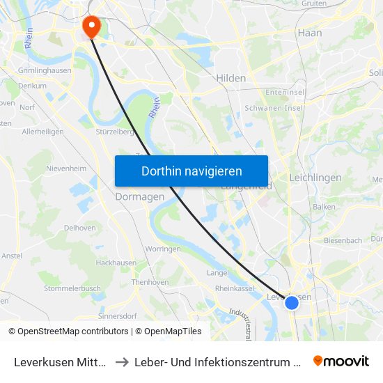 Leverkusen Mitte Bf to Leber- Und Infektionszentrum 13.57 map