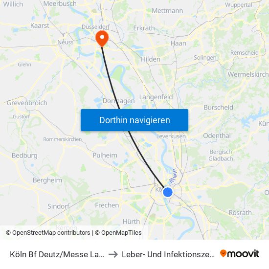 Köln Bf Deutz/Messe Lanxess Arena to Leber- Und Infektionszentrum 13.57 map