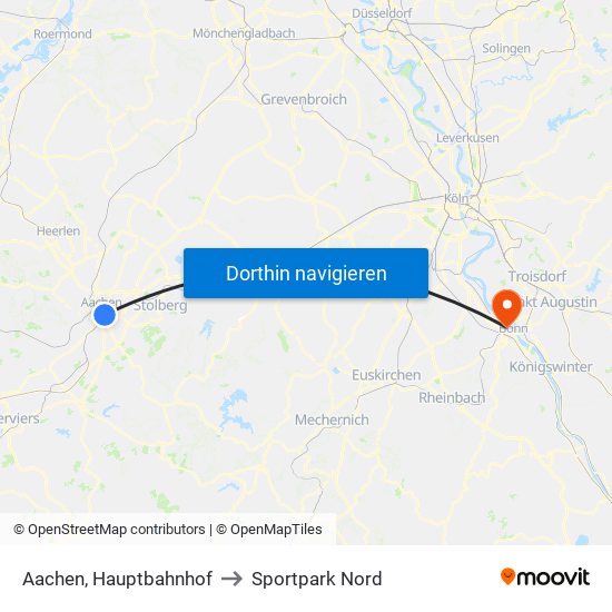 Aachen, Hauptbahnhof to Sportpark Nord map