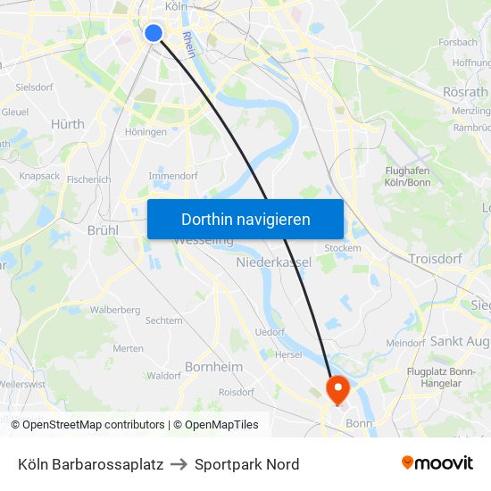 Köln Barbarossaplatz to Sportpark Nord map