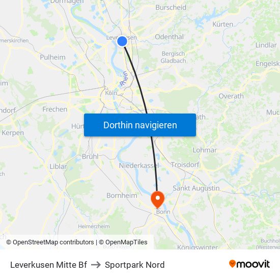 Leverkusen Mitte Bf to Sportpark Nord map