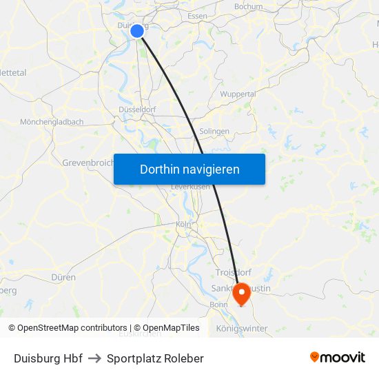 Duisburg Hbf to Sportplatz Roleber map