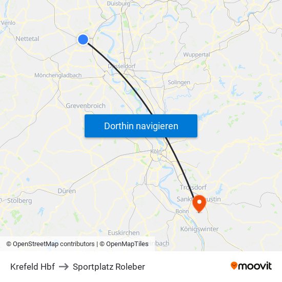 Krefeld Hbf to Sportplatz Roleber map