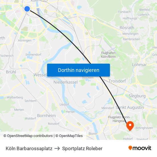 Köln Barbarossaplatz to Sportplatz Roleber map