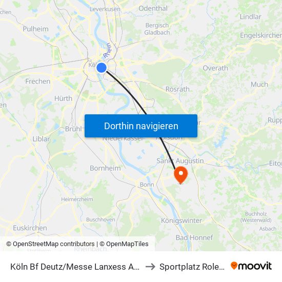 Köln Bf Deutz/Messe Lanxess Arena to Sportplatz Roleber map