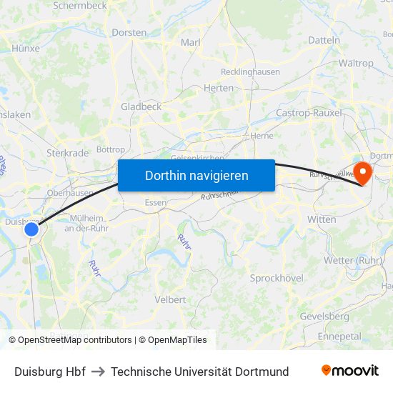 Duisburg Hbf to Technische Universität Dortmund map