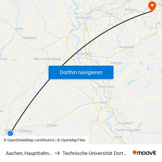 Aachen, Hauptbahnhof to Technische Universität Dortmund map