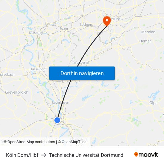 Köln Dom/Hbf to Technische Universität Dortmund map