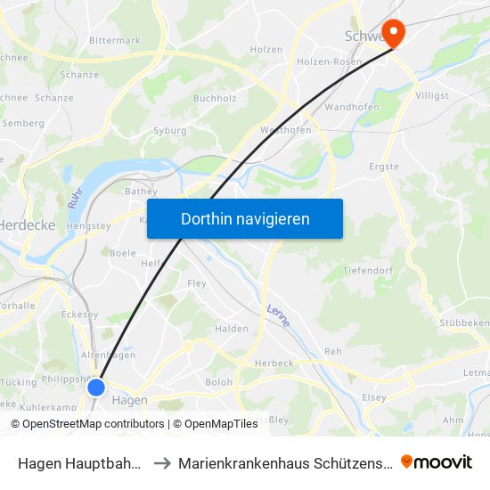 Hagen Hauptbahnhof to Marienkrankenhaus Schützenstraße map