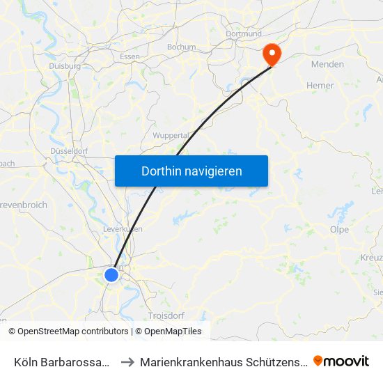 Köln Barbarossaplatz to Marienkrankenhaus Schützenstraße map