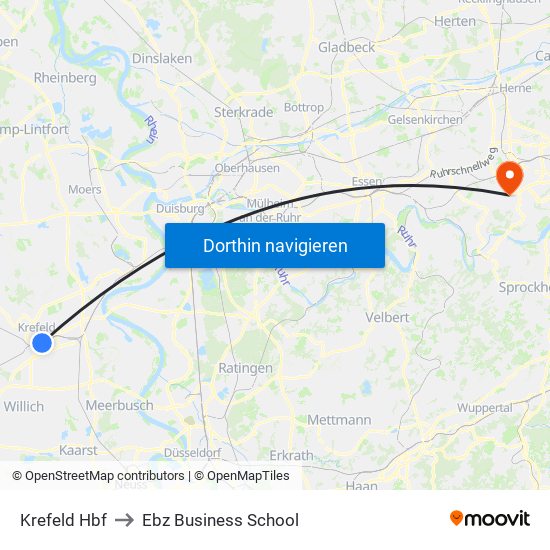 Krefeld Hbf to Ebz Business School map