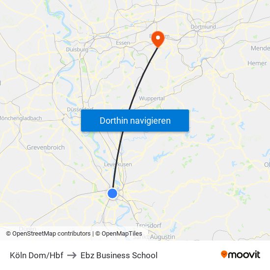 Köln Dom/Hbf to Ebz Business School map