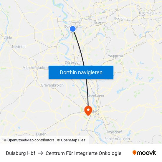 Duisburg Hbf to Centrum Für Integrierte Onkologie map