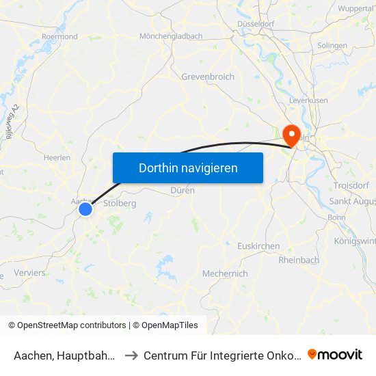 Aachen, Hauptbahnhof to Centrum Für Integrierte Onkologie map