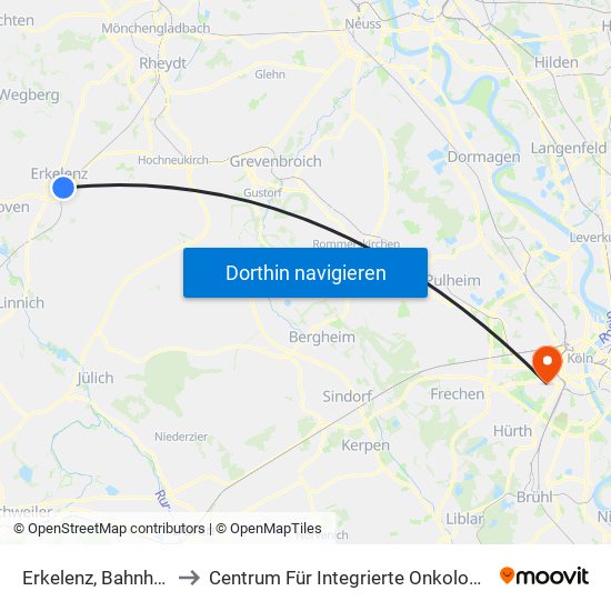 Erkelenz, Bahnhof to Centrum Für Integrierte Onkologie map