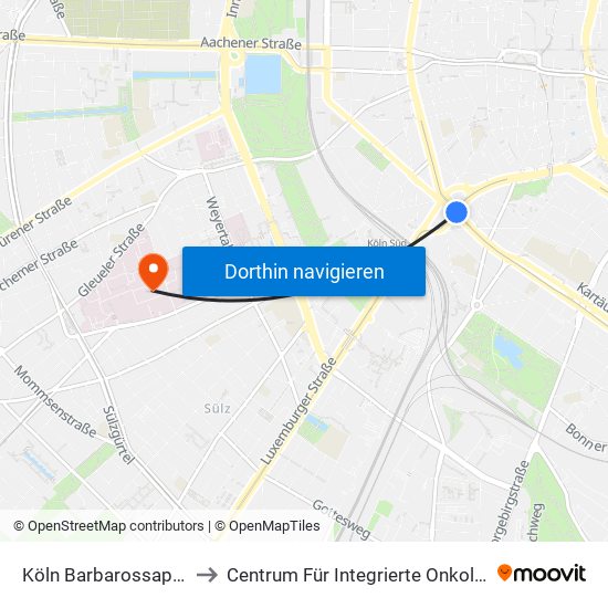 Köln Barbarossaplatz to Centrum Für Integrierte Onkologie map