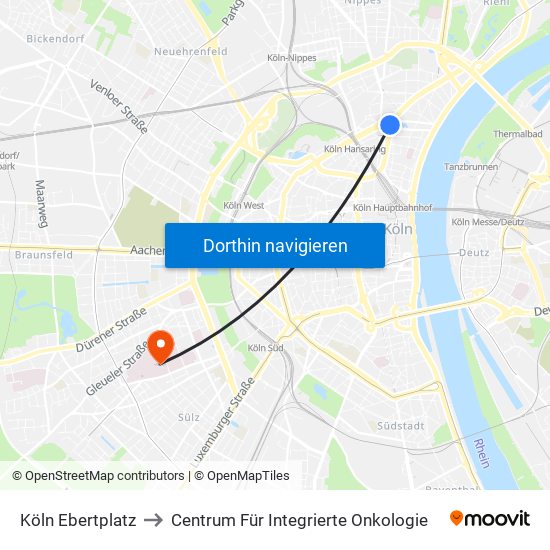 Köln Ebertplatz to Centrum Für Integrierte Onkologie map