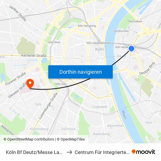 Köln Bf Deutz/Messe Lanxess Arena to Centrum Für Integrierte Onkologie map