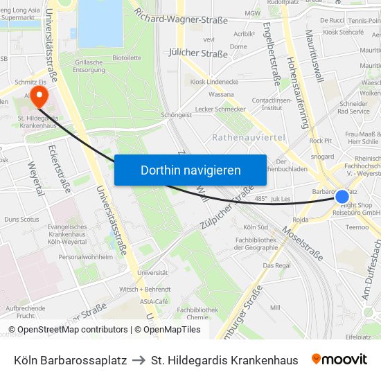 Köln Barbarossaplatz to St. Hildegardis Krankenhaus map