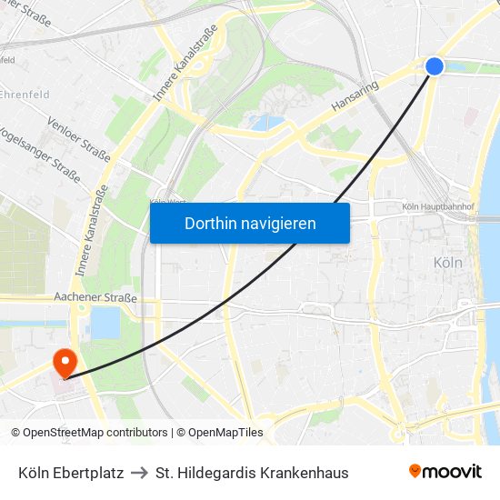 Köln Ebertplatz to St. Hildegardis Krankenhaus map