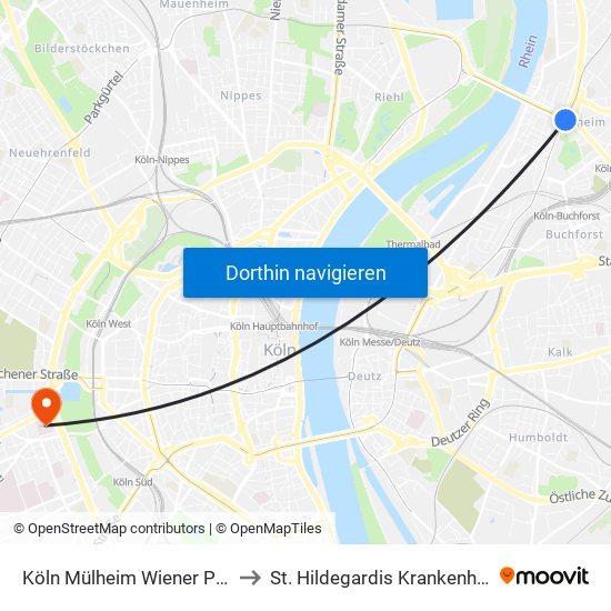 Köln Mülheim Wiener Platz to St. Hildegardis Krankenhaus map